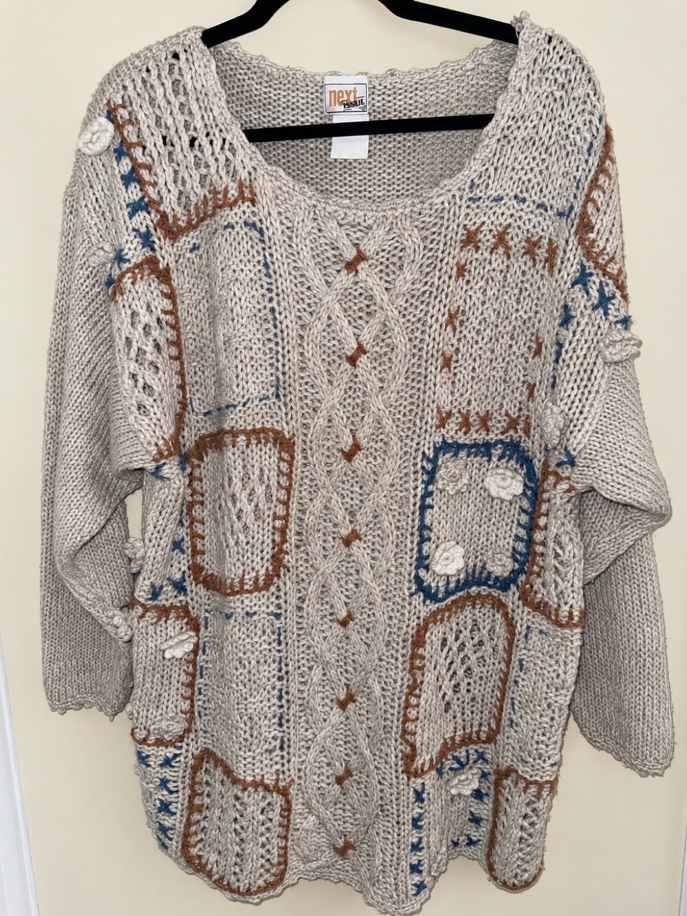 VTG 90s Next Issue Patchwork Cable Knit Sampler Tunic Sweater Cream Size L